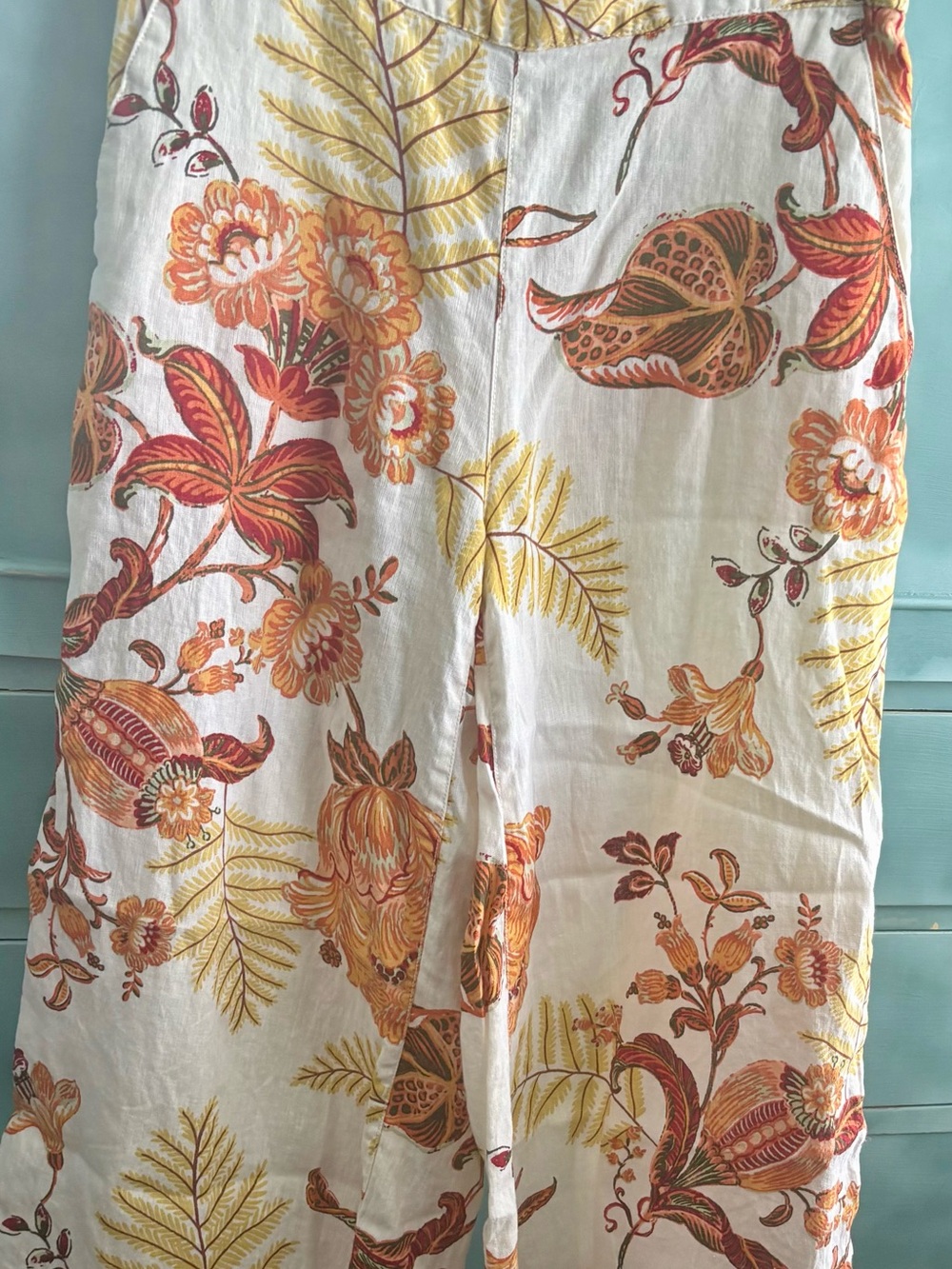 Floral Cotton Blend Wide-Leg Pants White with Orange and Yellow Print